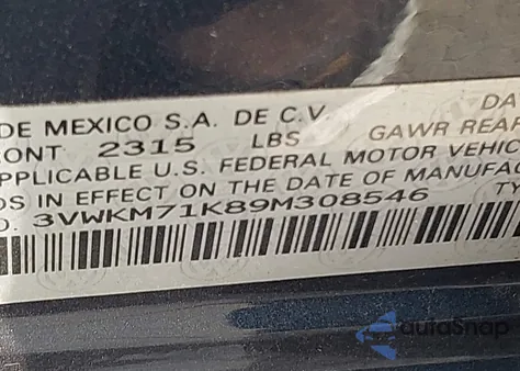 2009 Volkswagen Jetta 2.5L S z USA, uszkodzony, nr VIN 3VWKM71K89M308546